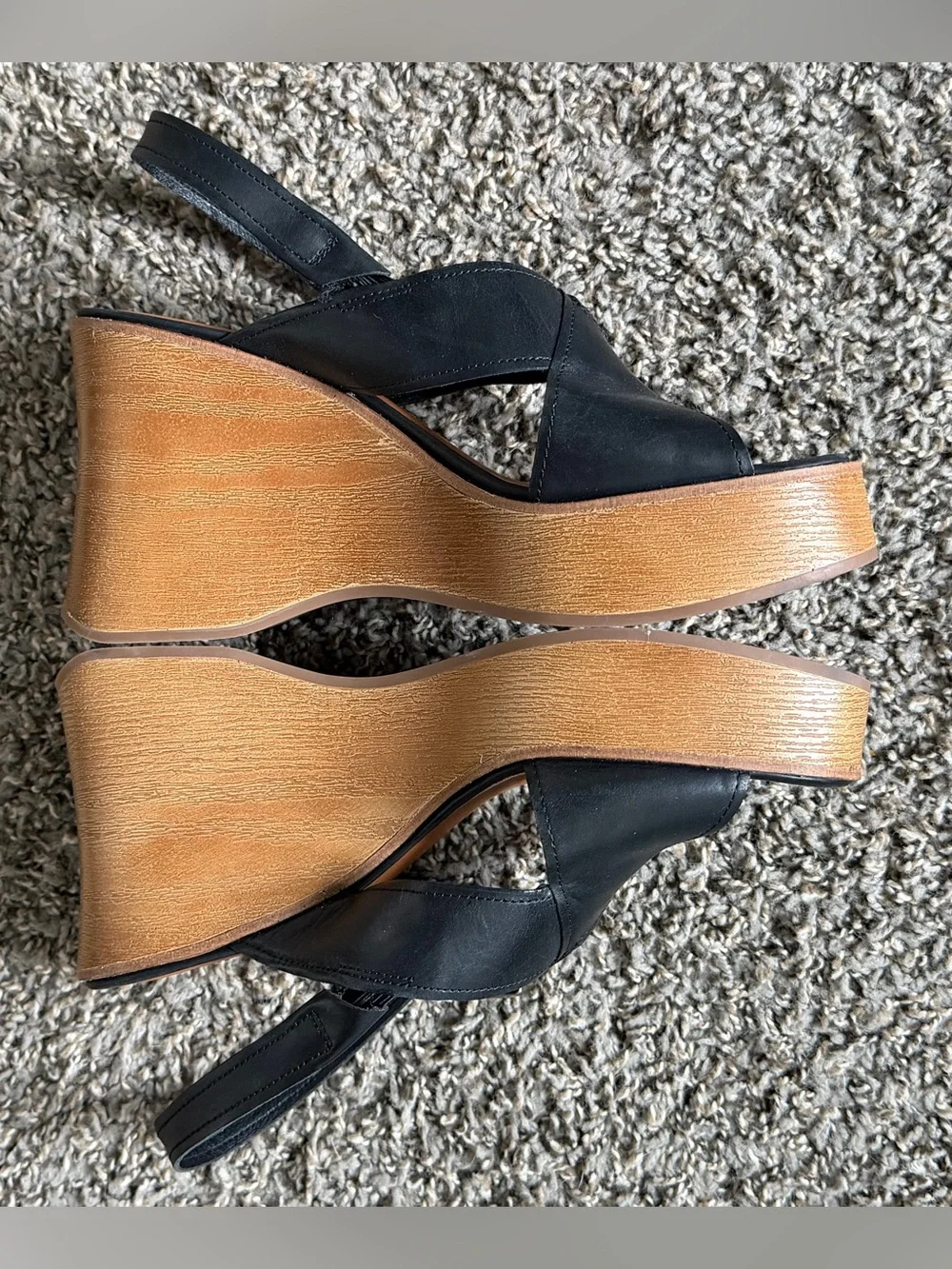 Lucky Brand Black Leather Wedge Sandals with Wood-Look Platform